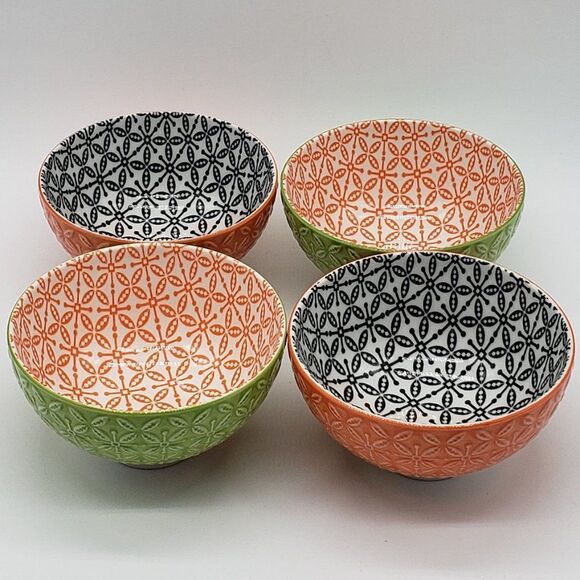 Now Designs Stamped Green/Orange and Orange/Black Porcelain 4pc Rice Bowl Set - Picture 7 of 13